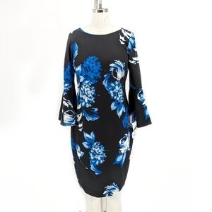 Calvin Klein Floral Bell Sleeve Dress Black Blue 4 preppy cocktail wedding
